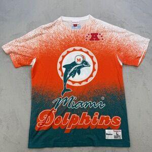Mitchell & Ness Mens L Miami Dolphins T Shirt Teal Orange Splatter Print NFL tee